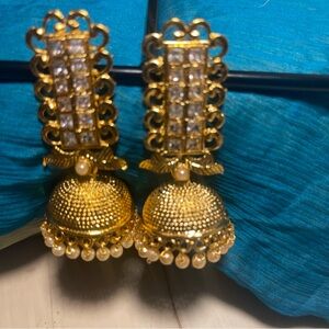 Gold and Cream Jhumka Earrings with Intricate Detailing